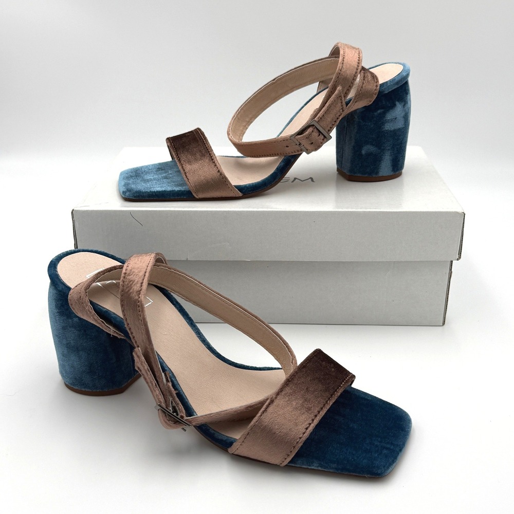 Ethem Dellwood FR02 Blue Velvet Bronze Satin Block Heel Sandals Size 41